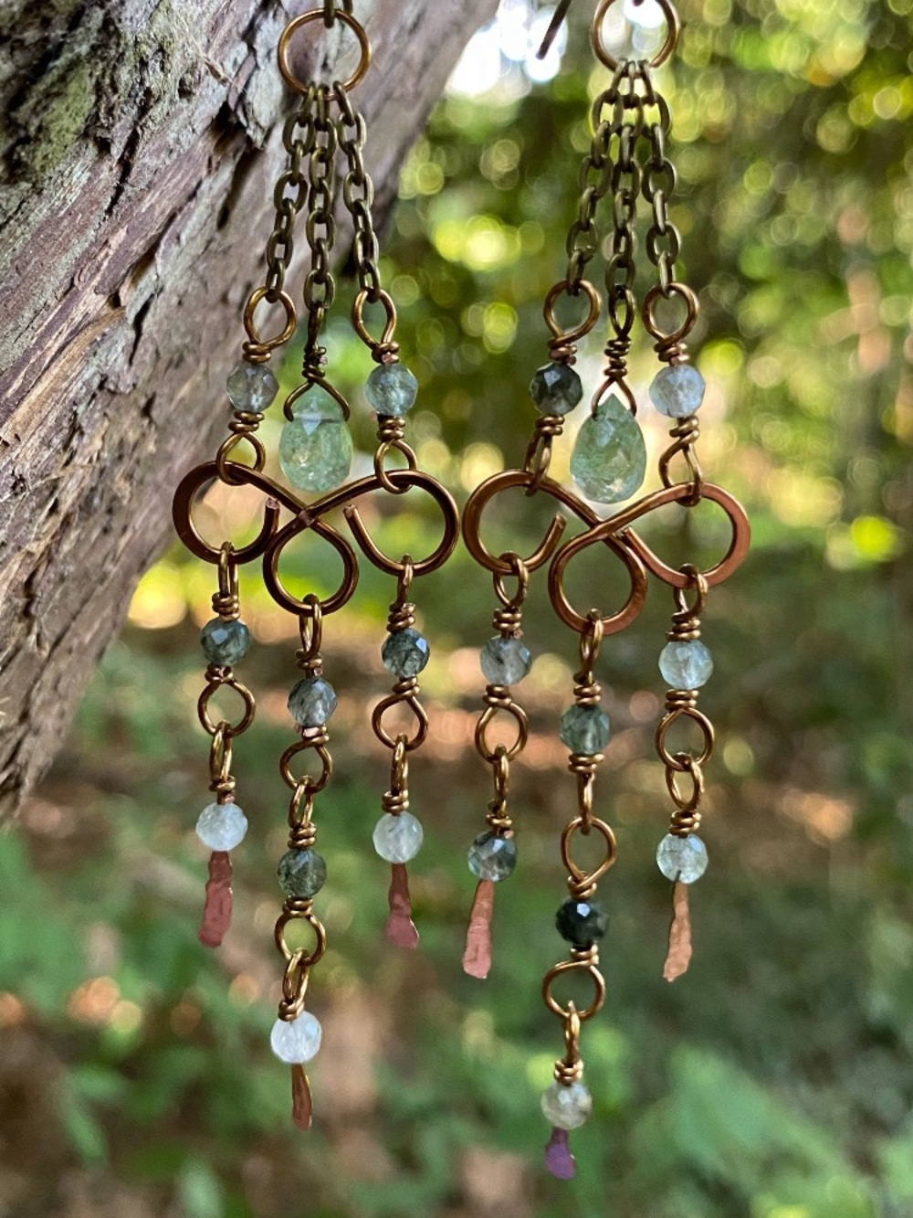 Handcrafted Moss Agate and Prehnite Quartz Chandeliers